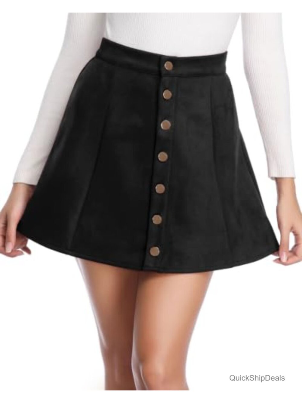 Faux Suede Mini Skirt Button Front High Waist A-Line Flare